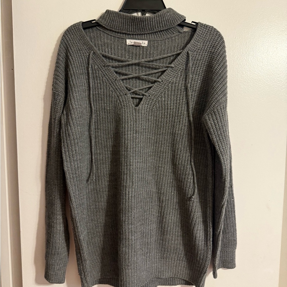 Gray Women's Sweater with Lace-Up Detail